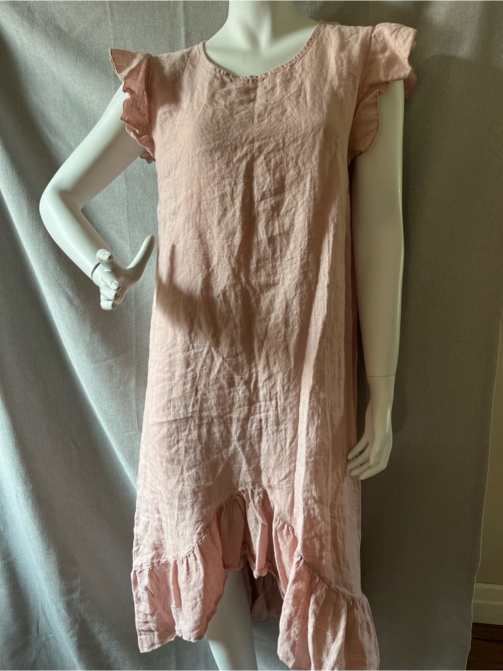 Made in Italy Blush Pink Linen Ruffle High Low Dress